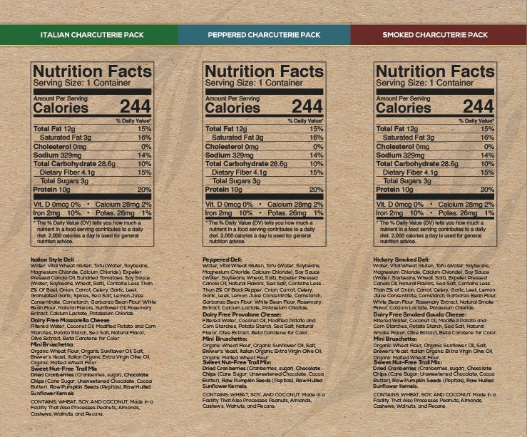 C'est La Ve Variety Charcuterie Luncherie Snacks Label: A good source of iron and fiber, high in protein, nut free, non-GMO, and sustainable  packaging.